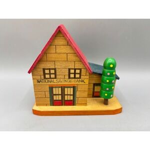 Vintage Wooden National Savings Bank Coin Bank Japan With Tree Handmade